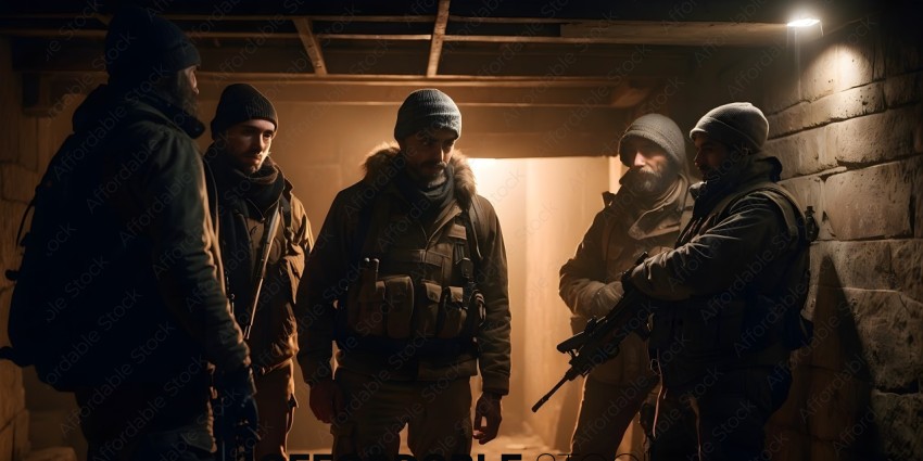 Soldiers in camouflage gear standing in a dark room
