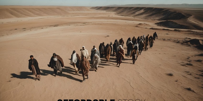 A group of people walking in the desert