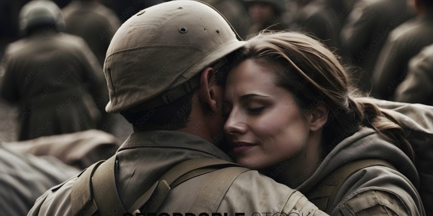 A soldier and his girlfriend hug each other