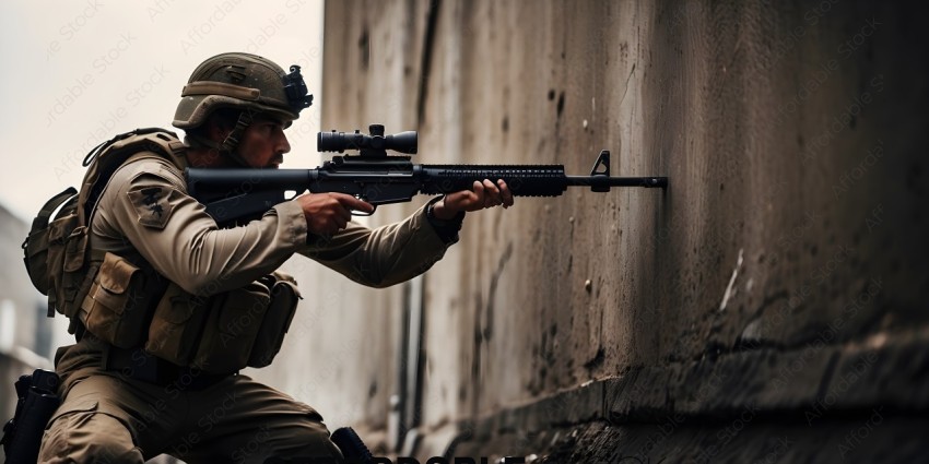 Soldier with rifle aiming at a wall