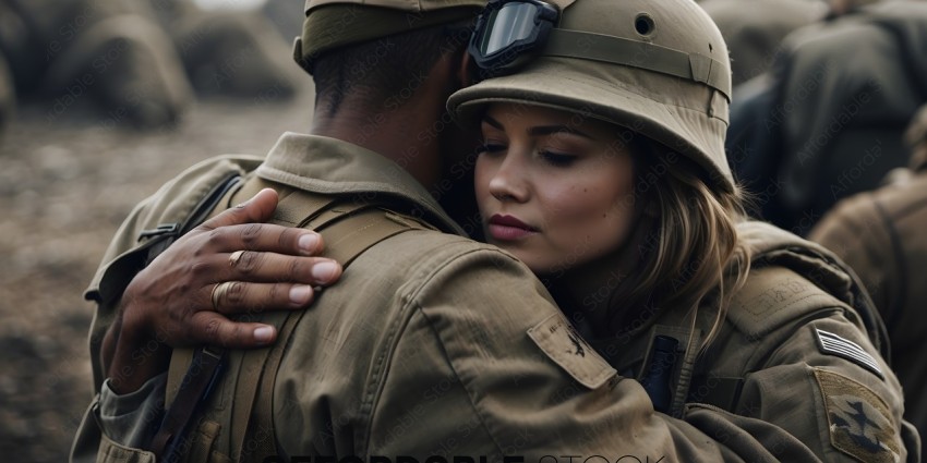 Man and Woman in Military Uniforms Hugging