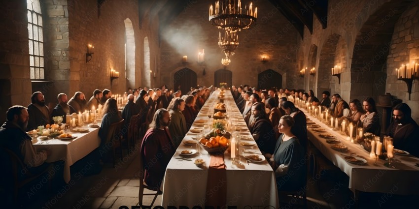 A long table with a candle and food on it