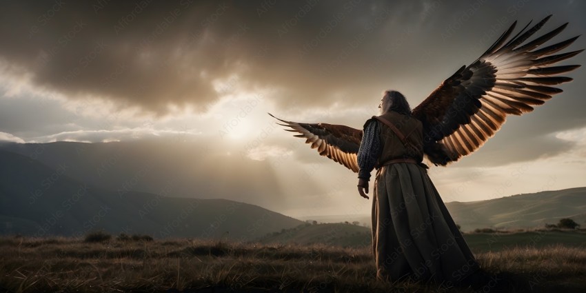 A man with wings stands in a field