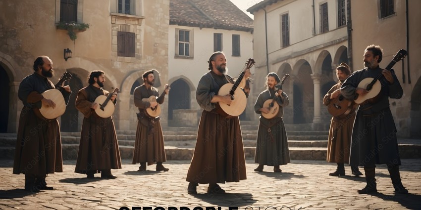 A group of men in brown clothing playing instruments