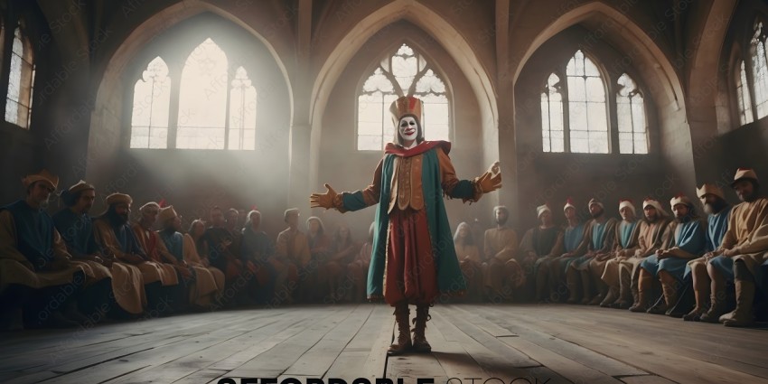 A clown in a costume standing in a church