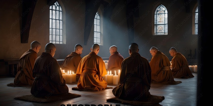 Buddhist monks sitting in a circle with candles