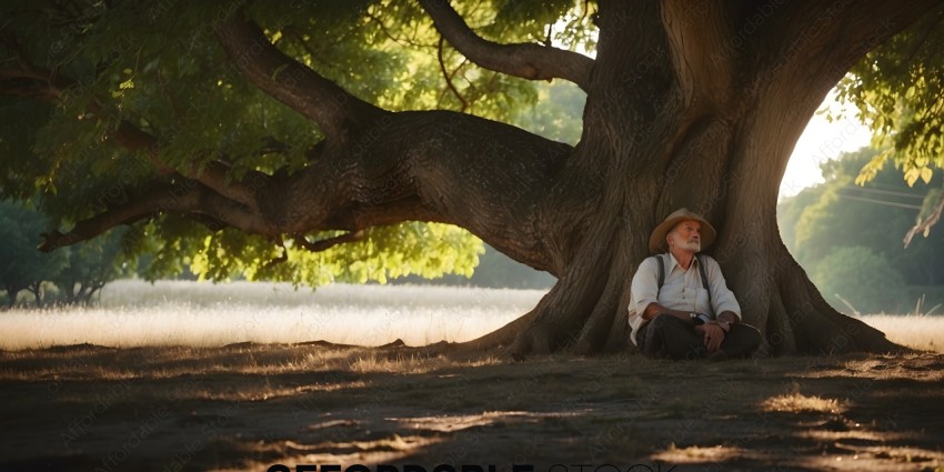 An older man sits under a large tree