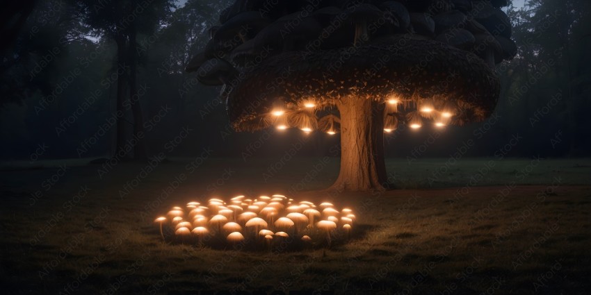 A group of mushrooms under a lighted tree