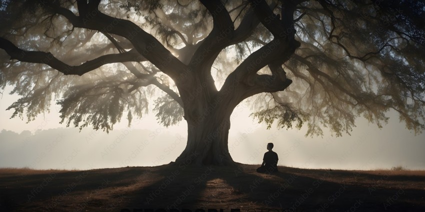 A person sitting under a large tree