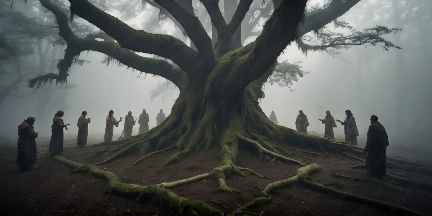 A group of people standing around a large tree