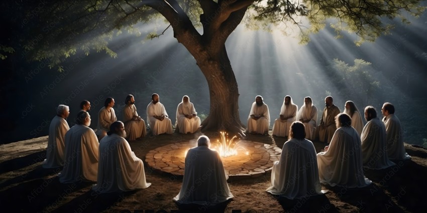 A group of monks sit around a fire in a circle