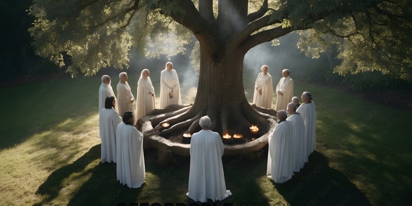 A group of people in white robes are gathered around a large tree