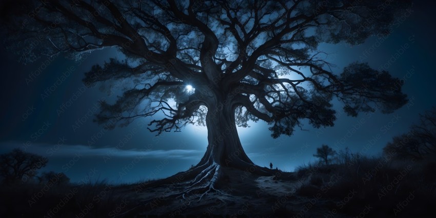 A person standing under a tree at night
