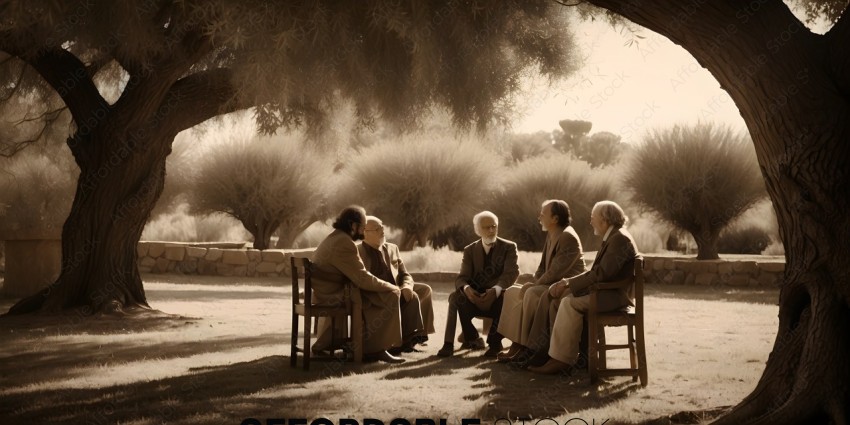 A group of men sitting in a circle under a tree