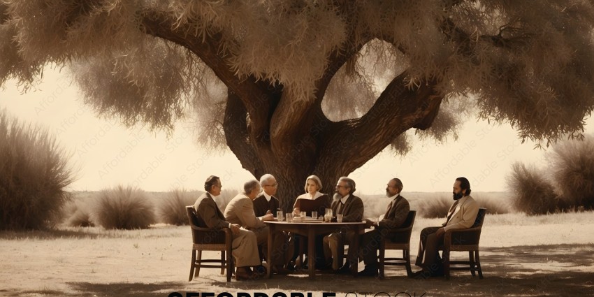 A group of men and women sitting around a table under a tree