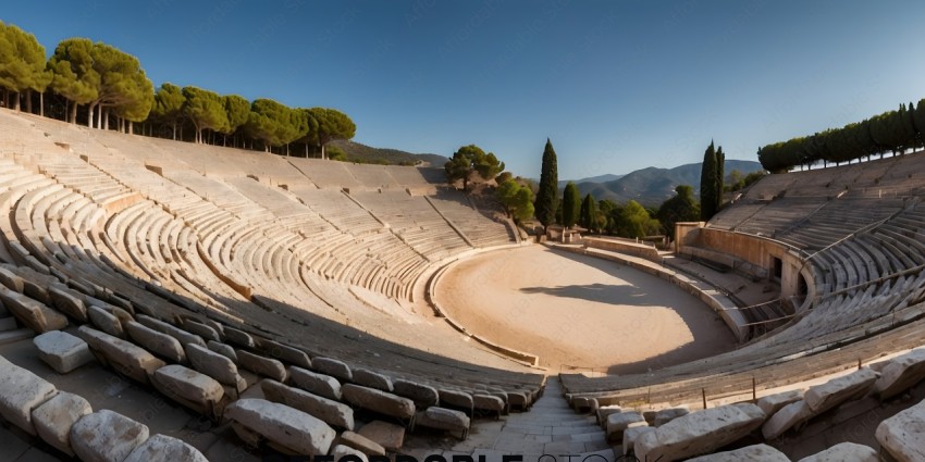 An empty amphitheater with a mountain in the background