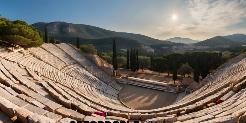 An ancient Greek amphitheater with a mountain in the background