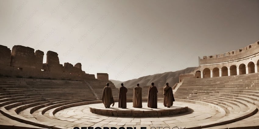 Five monks standing in a circle in front of a large stone structure