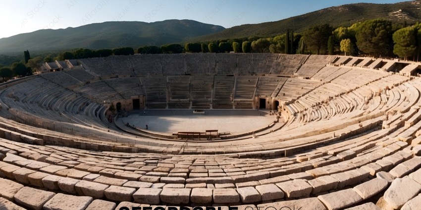 An empty ancient theater with a mountain in the background