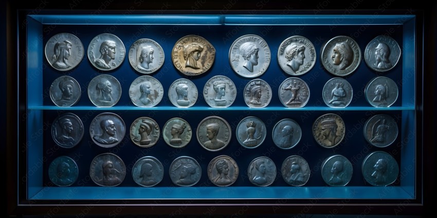 A collection of old coins on display