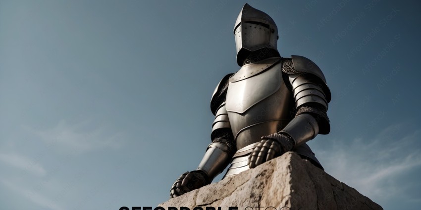 A knight statue wearing a metal suit of armor