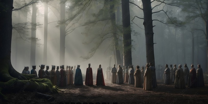 A group of people in costumes stand in a forest