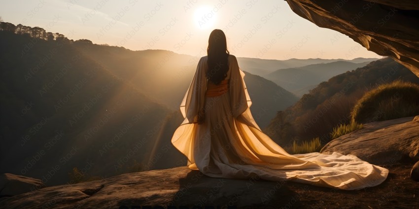 Woman in white dress sitting on a rock overlooking a valley