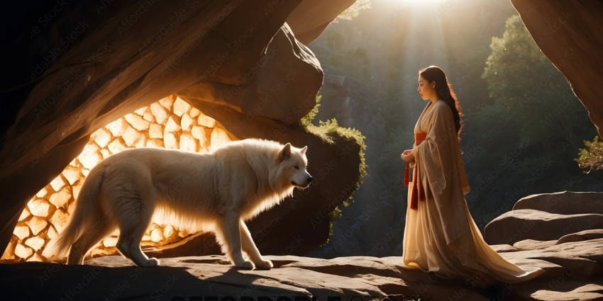A woman and a white dog in a rocky area