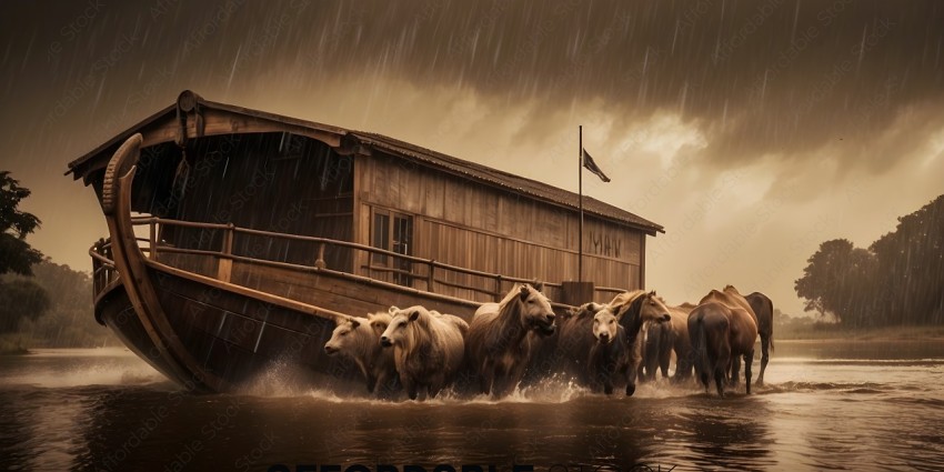 Herd of cattle crossing a river in the rain