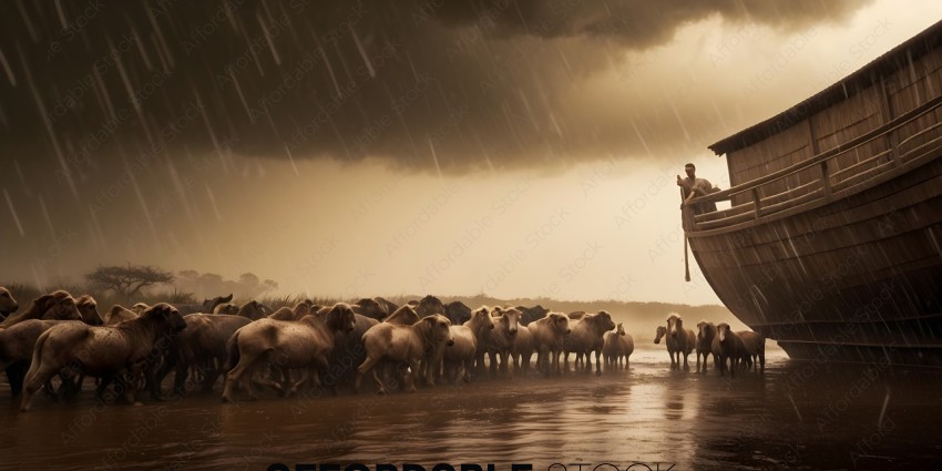 A herd of sheep walking through a river in the rain