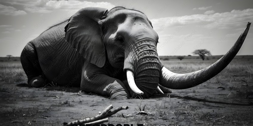 An elephant lying down in the dirt