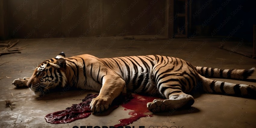 A tiger laying on the ground with blood on its paws