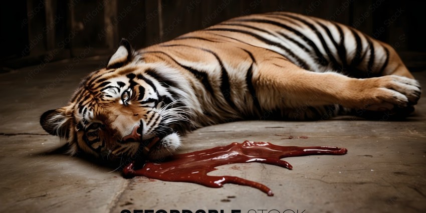 A tiger lying on the ground with blood on its face