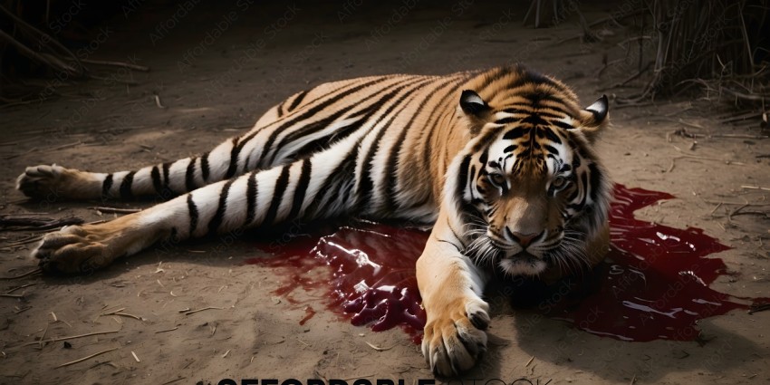A tiger lying on the ground with blood on its paws