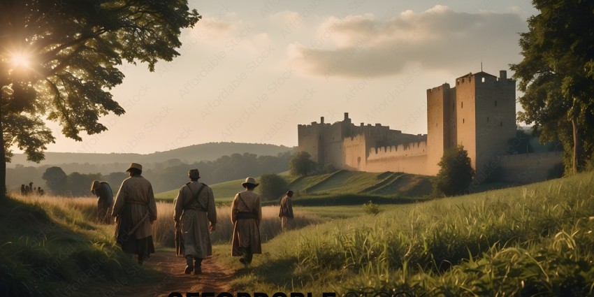 Three men walking in a field with a castle in the background