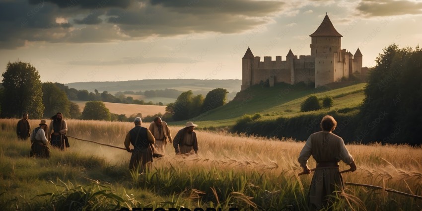 Men working in a field with a castle in the background