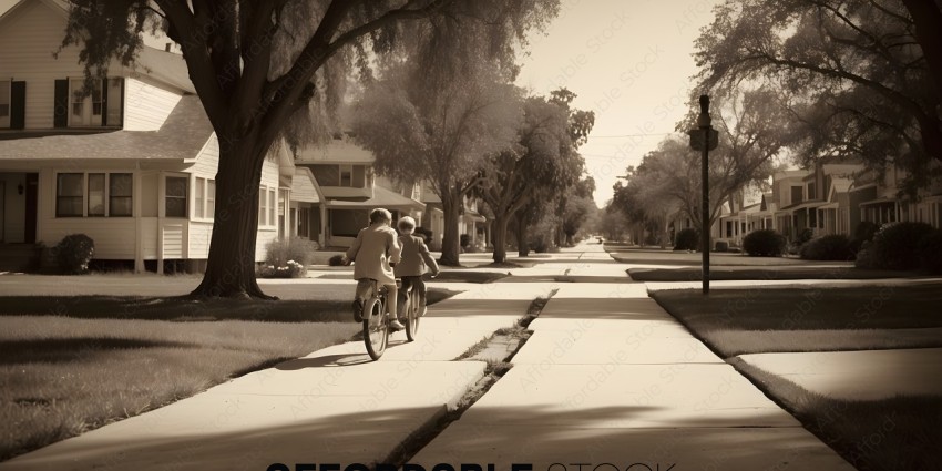 Two children riding bikes down a quiet street
