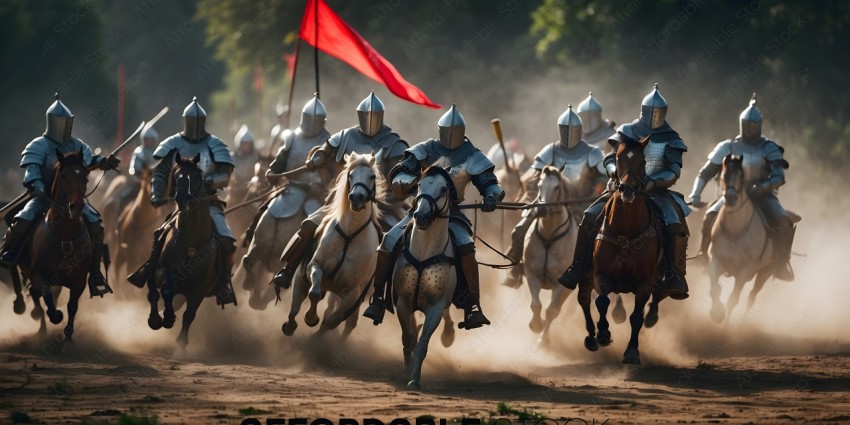 Knights on horses charge in a battle
