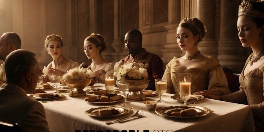 A group of people dressed in fancy clothing are sitting at a table