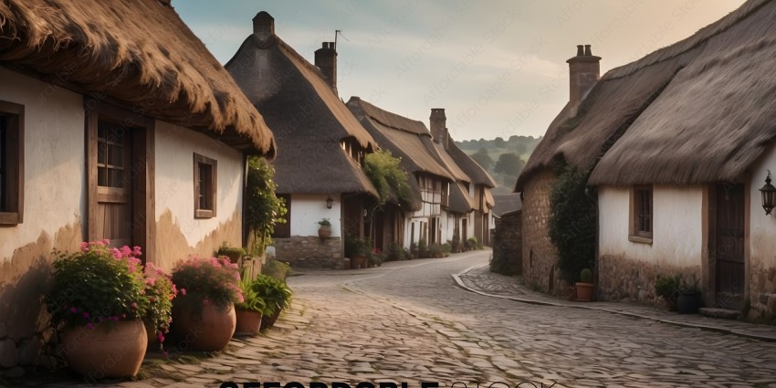A quaint village with cobblestone streets and thatched roofs