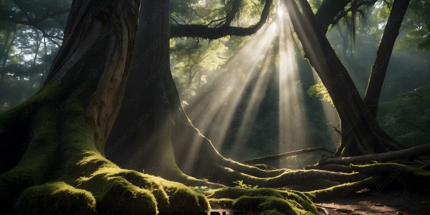 A mossy tree trunk with sunlight streaming through