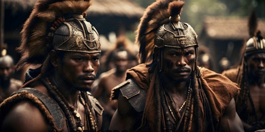 Two African warriors wearing traditional headdresses