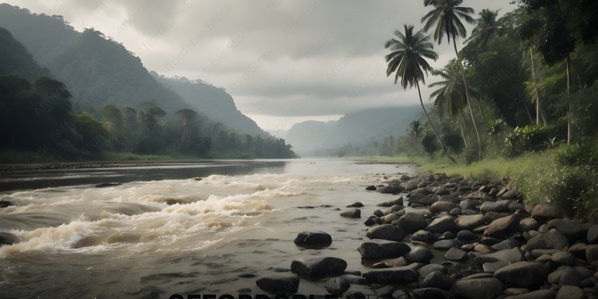 A river with rocks and palm trees