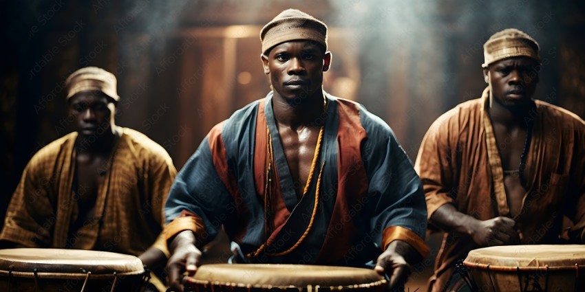 A man in a blue and red robe plays a drum