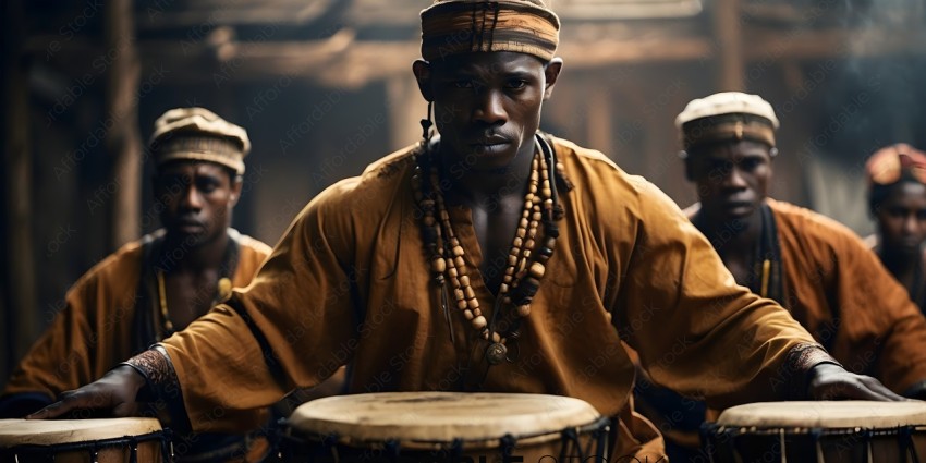 A man wearing a brown shirt and headband plays a drum