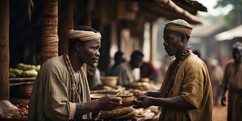 Two men in a marketplace, one holding a basket of food