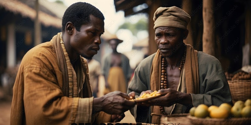 Two men in a village eating food