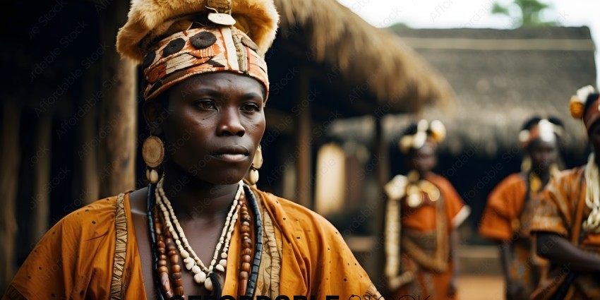 A woman wearing a colorful headpiece