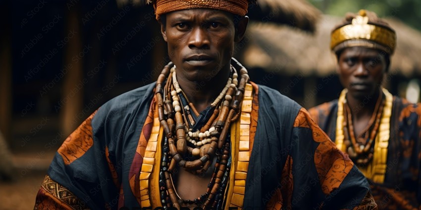 Man wearing a colorful outfit with beads