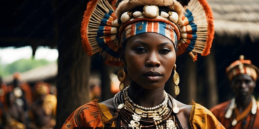 A woman wearing a colorful headpiece